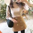 Set: Rib-knit Top + Flower Embroidered Miniskirt