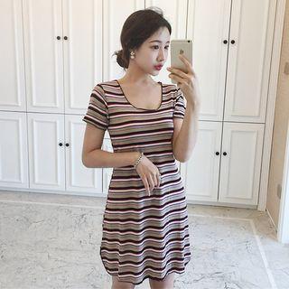 Short-sleeve Striped V-neck T-shirt Dress