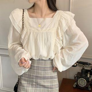 Square-neck Puff-sleeve Shirt Almond - One Size