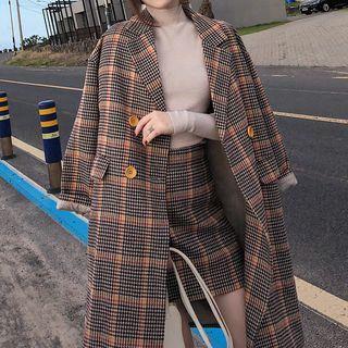 Set: Plaid Double-breasted Midi Coat + A-line Midi Skirt
