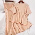 Set: Short-sleeve Knit Top + Plain Knit Midi A-line Skirt