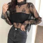 Mock-neck Flared-cuff Lace Top
