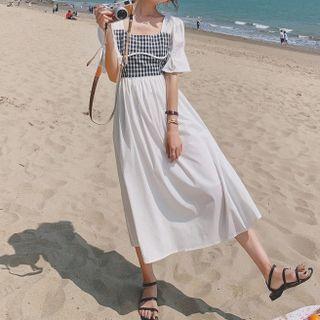 Short Sleeve Square Neck Check Panel A-line Dress