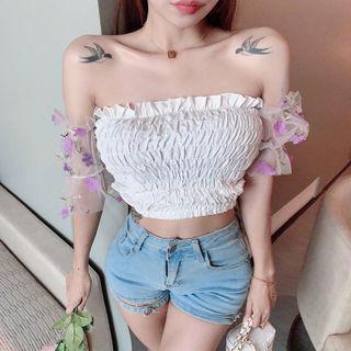Off-shoulder Mesh-panel Cropped Top As Shown In Figure - One Size