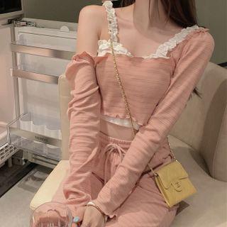 Long-sleeve Off-shoulder Crop Top / Frill Trim Camisole Top / Drawstring Pants