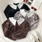 Color-block Fringed Peter-pan Collar Long-sleeve Velvet Blouse
