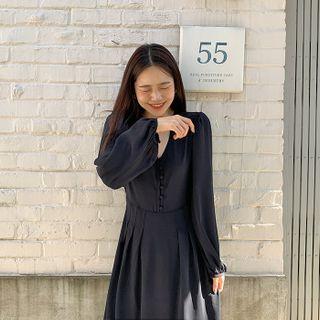 Shirtwaist Long Chiffon Dress Dark Navy Blue - One Size