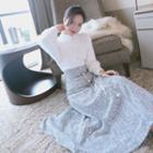 Mock Neck Fluffy Sweater / Midi A-line Tweed Skirt