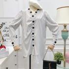 Buttoned Striped Asymmetric Long Blouse White - One Size