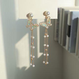 Faux Pearl Butterfly Fringed Dangle Earring 1 Pair - Faux Pearl Butterfly Fringed Dangle Earring - One Size