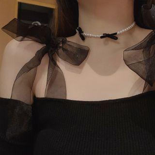 Bow Velvet Faux Pearl Choker Pearl & Black - One Size