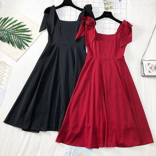 Square-neck Ribbon-strap A-line Dress
