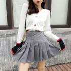 Color Block V-neck Cardigan / Pleated Skirt