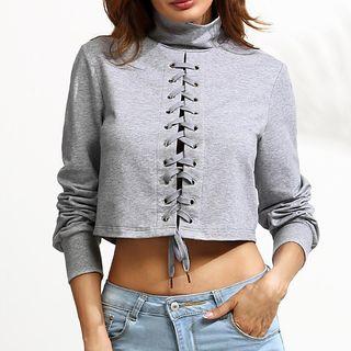 Lace-up Front High-neck Cropped Sweater
