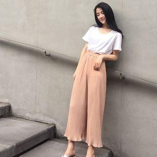 Frilled Plain Elastic-waist Wide-leg Pants