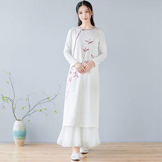 Long-sleeve Leaf Print Midi Shift Dress