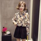Printed Shoulder-cutout Long-sleeve Chiffon Top