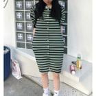 Short-sleeve Polo Collar Striped Dress Green - One Size