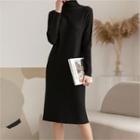 Mock-neck Rib-knit Dress Black - One Size