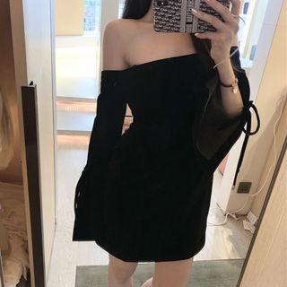 Off-shoulder Bell-sleeve Mini A-line Dress Black - One Size