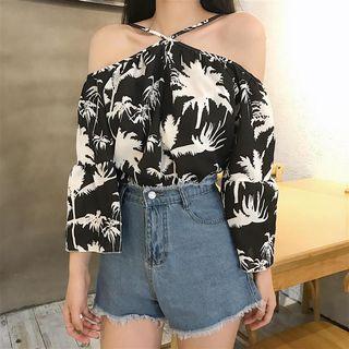 Bell-sleeve Halter Patterned Top