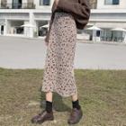 Leopard Print Knit Midi Straight-fit Skirt