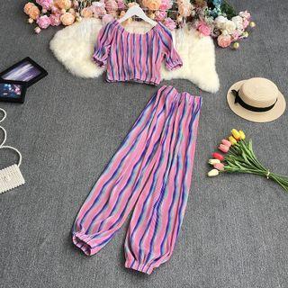 Set: Off-shoulder Striped Blouse + Harem Pants