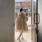 Hooded Faux-fur Trim Fringed Cape Coat Beige - One Size