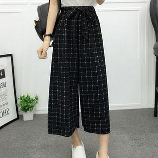 Check Cropped Wide Leg Chiffon Pants