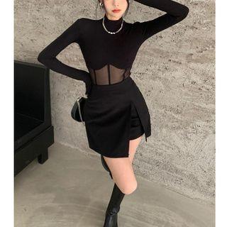 Skinny Mesh Top / Asymmetrical Mini Skirt