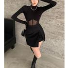 Skinny Mesh Top / Asymmetrical Mini Skirt