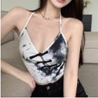 Halter Neck V-neck Tie-dyed Camisole Top Camisole Top - Black & White - One Size