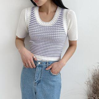 U-neck Sleeveless Patterned Knit Top Pink - One Size