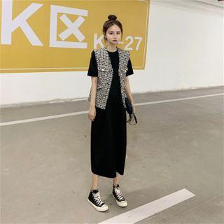 Plaid Vest / Short-sleeve Midi T-shirt Dress