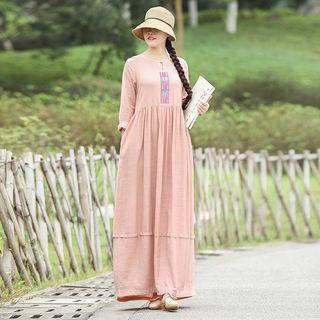 Long-sleeve Patterned Panel Maxi Dress