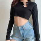 Long-sleeve Safety Pin Cropped T-shirt