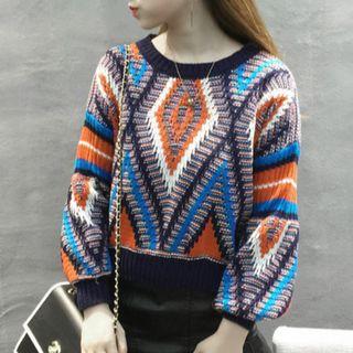 Lantern-sleeve Contrast-trim Patterned Sweater
