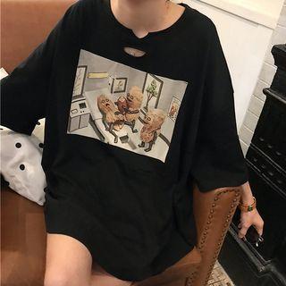 3/4-sleeve Printed Cutout Mini T-shirt Dress