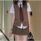Short-sleeve Plain Shirt / Button-up Sweater Vest / Mini Pleated Skirt
