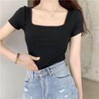 Plain Square-neck Short-sleeve Slim-fit Knit Top