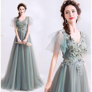 Short-sleeve Embroidered Flower Ruffled Mesh A-line Evening Gown
