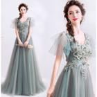 Short-sleeve Embroidered Flower Ruffled Mesh A-line Evening Gown