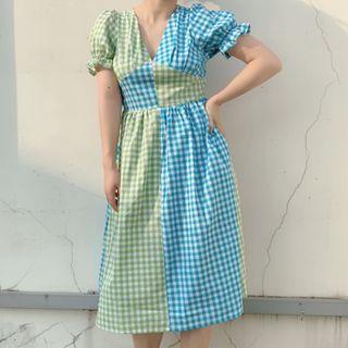 Short-sleeve Two-tone Gingham Check Midi A-line Dress