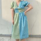 Short-sleeve Two-tone Gingham Check Midi A-line Dress