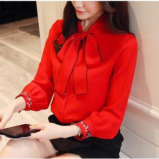 Embroidered Tie-neck Long-sleeve Chiffon Blouse
