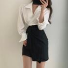 Long-sleeve Tie-hem Blouse / Pinstriped Asymmetric Mini Straight-fit Skirt