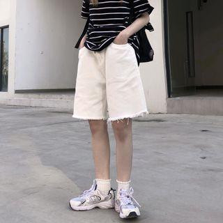 Mid-rise Plain Frayed Denim Shorts
