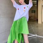 Short-sleeve Floral T-shirt / Asymmetrical Pleated Skirt