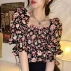 Puff-sleeve Floral Cropped Blouse Floral - Black & Pink - One Size