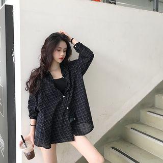 Plaid Loose-fit Long-sleeve Shirt As Shown In Figure - One Size